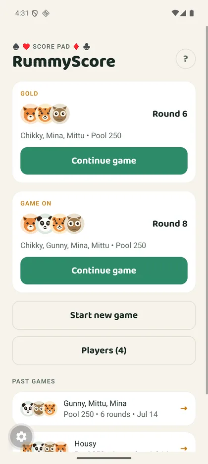 RummyScore home screen with recent games