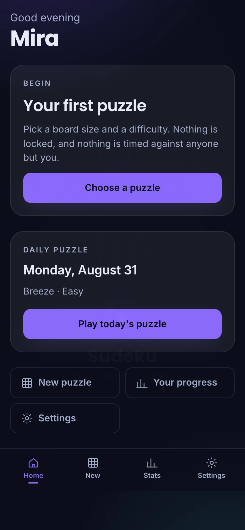 Sudoku home screen with the daily puzzle