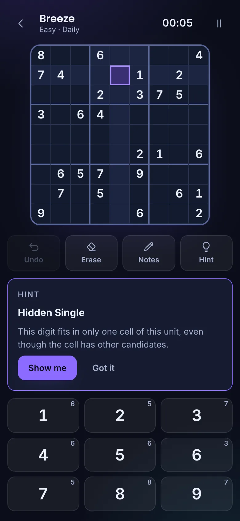 A hint explaining the Hidden Single technique